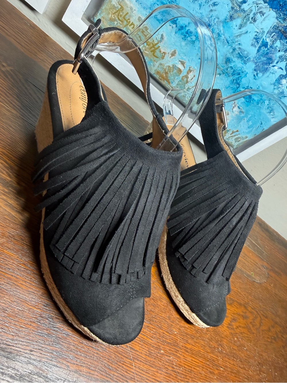 Comfort View Diane Black Suede Fringe Wedge SZ 8 WIDE